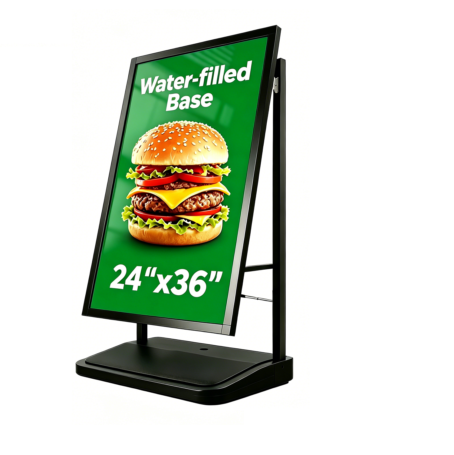 A Frame Sign Stand with water-fillable base with Rolling Wheels, 24"x36" Porster stand , Heavy Duty Sidewalk sign Holder,Portable and easy to move, Black, Frame Only