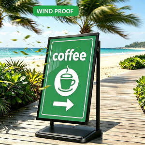 A Frame Sign Stand with water-fillable base with Rolling Wheels, 24"x36" Porster stand , Heavy Duty Sidewalk sign Holder,Portable and easy to move, Black, Frame Only