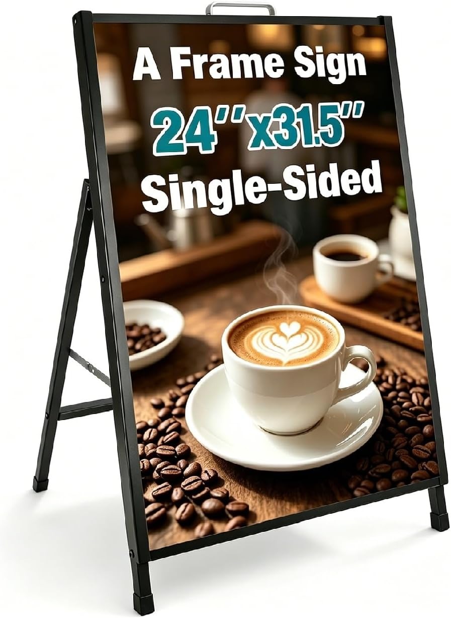A Frame Sidewalk Sign, 24x36 Inch Heavy Duty Slide-in Signboard Holder, Double-Sided Folding Sandwich Board Signs, Steel Pavement Sign Poster for Outdoor Business Street Advertising (Frame only)