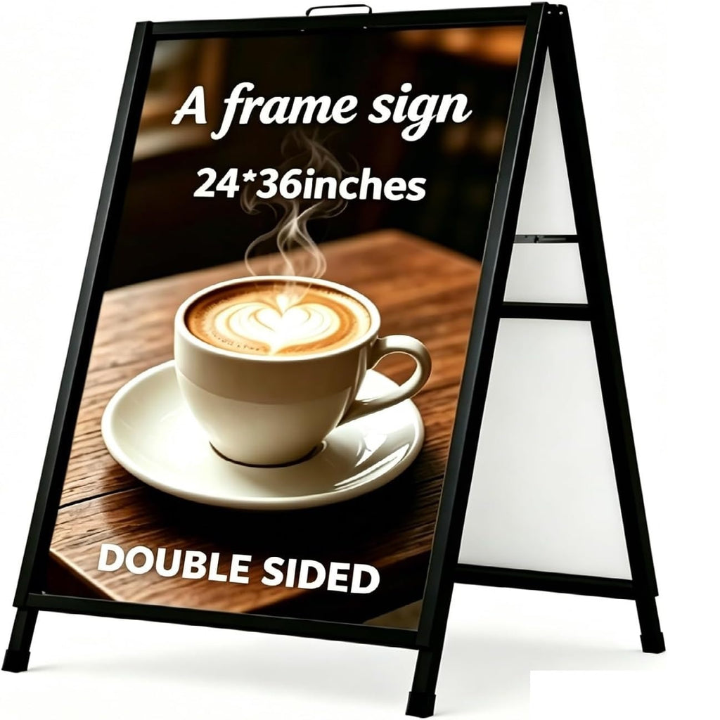 A Frame Sidewalk Sign, 24x36 Inch Heavy Duty Slide-in Signboard Holder, Double-Sided Folding Sandwich Board Signs, Steel Pavement Sign Poster for Outdoor Business Street Advertising (Frame only)