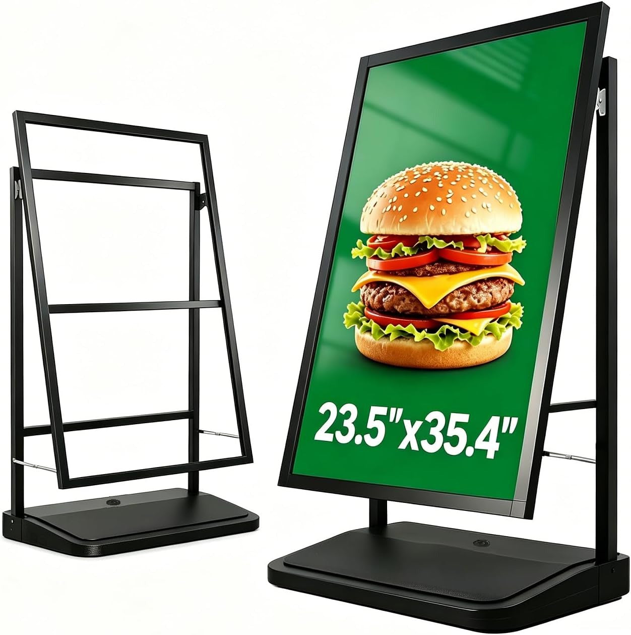 A Frame Sign Stand with water-fillable base with Rolling Wheels, 24"x36" Porster stand , Heavy Duty Sidewalk sign Holder,Portable and easy to move, Black, Frame Only