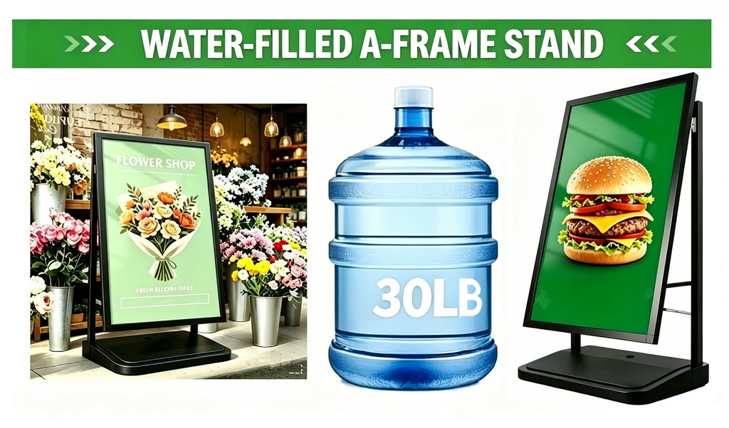 A Frame Sign Stand with water-fillable base with Rolling Wheels, 24"x36" Porster stand , Heavy Duty Sidewalk sign Holder,Portable and easy to move, Black, Frame Only