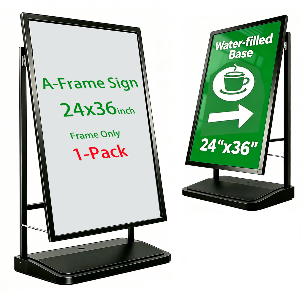 A Frame Sign Stand with water-fillable base with Rolling Wheels, 24"x36" Porster stand , Heavy Duty Sidewalk sign Holder,Portable and easy to move, Black, Frame Only