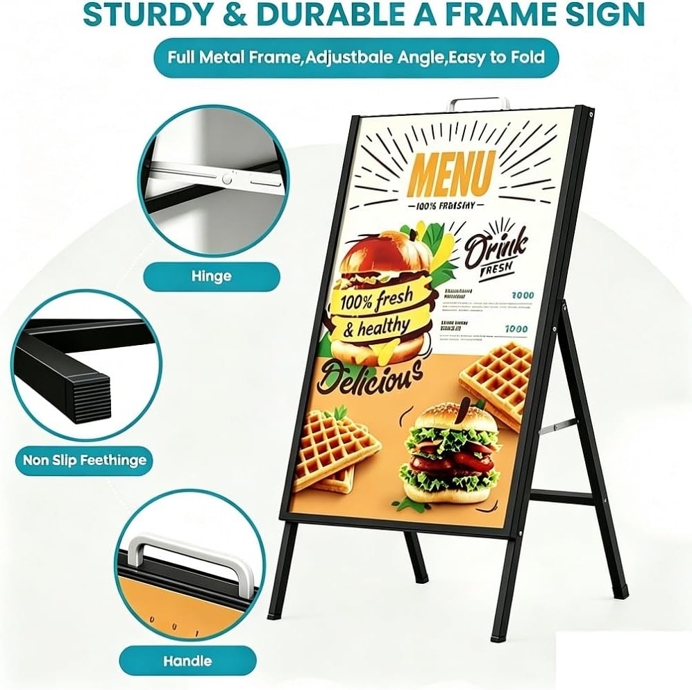 A Frame Sidewalk Sign, 24x36 Inch Heavy Duty Slide-in Signboard Holder, Double-Sided Folding Sandwich Board Signs, Steel Pavement Sign Poster for Outdoor Business Street Advertising (Frame only)