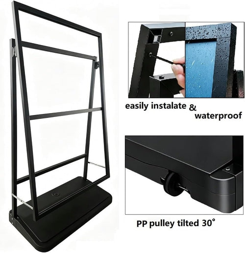 A Frame Sign Stand with water-fillable base with Rolling Wheels, 24"x36" Porster stand , Heavy Duty Sidewalk sign Holder,Portable and easy to move, Black, Frame Only