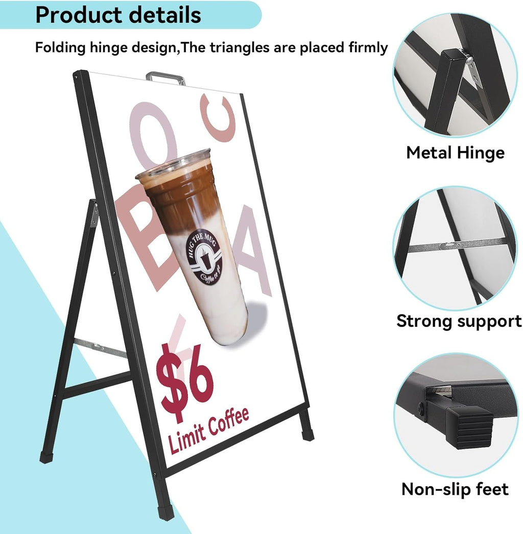 A Frame Sidewalk Sign, 24x36 Inch Heavy Duty Slide-in Signboard Holder, Double-Sided Folding Sandwich Board Signs, Steel Pavement Sign Poster for Outdoor Business Street Advertising (Frame only)