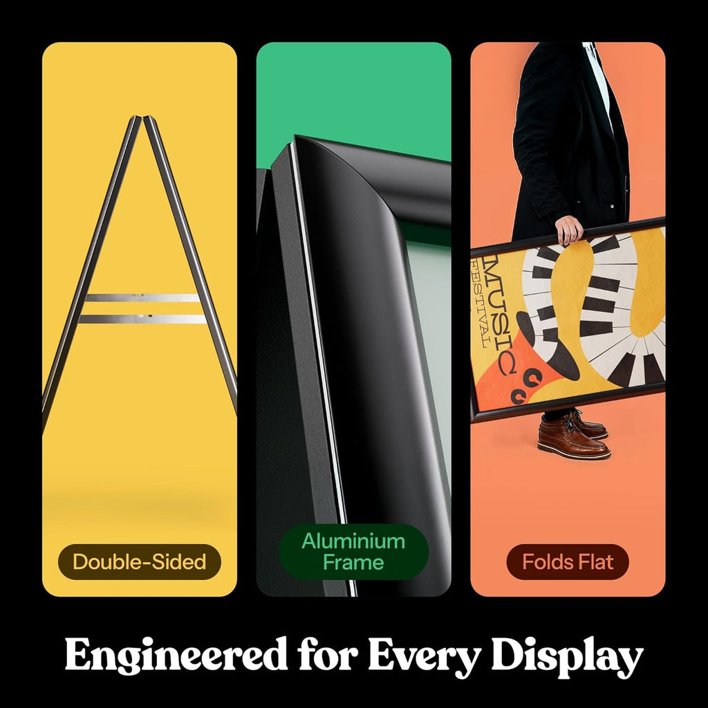 A Frame Sidewalk Sign, 24x36 Inch Heavy Duty Slide-in Signboard Holder, Double-Sided Folding Sandwich Board Signs, Steel Pavement Sign Poster for Outdoor Business Street Advertising (Frame only)