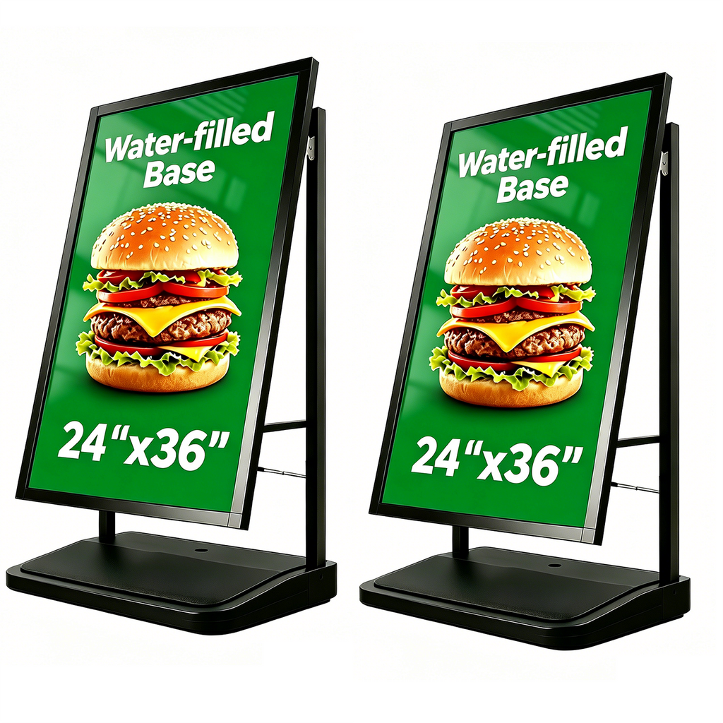 A Frame Sign Stand with water-fillable base with Rolling Wheels, 24"x36" Porster stand , Heavy Duty Sidewalk sign Holder,Portable and easy to move, Black, Frame Only