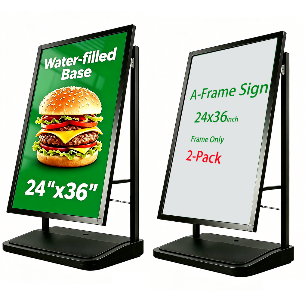 A Frame Sign Stand with water-fillable base with Rolling Wheels, 24"x36" Porster stand , Heavy Duty Sidewalk sign Holder,Portable and easy to move, Black, Frame Only