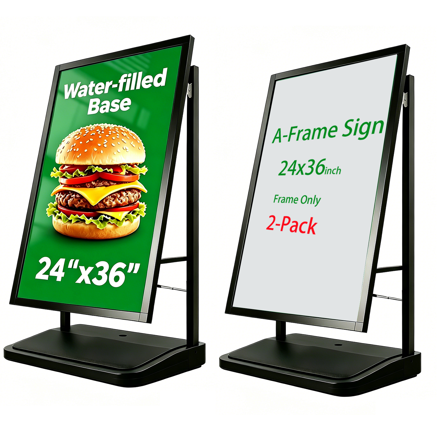 A Frame Sign Stand with water-fillable base with Rolling Wheels, 24"x36" Porster stand , Heavy Duty Sidewalk sign Holder,Portable and easy to move, Black, Frame Only