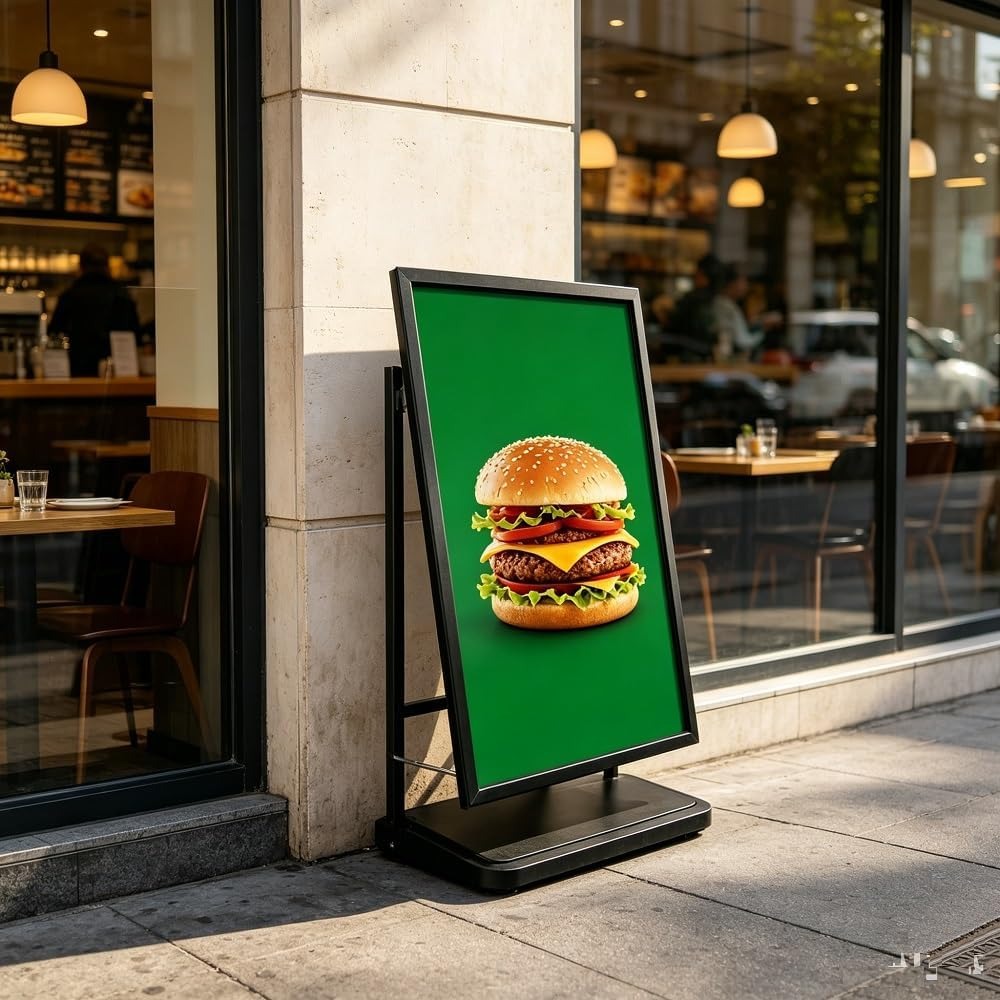 A Frame Sign Stand with water-fillable base with Rolling Wheels, 24"x36" Porster stand , Heavy Duty Sidewalk sign Holder,Portable and easy to move, Black, Frame Only