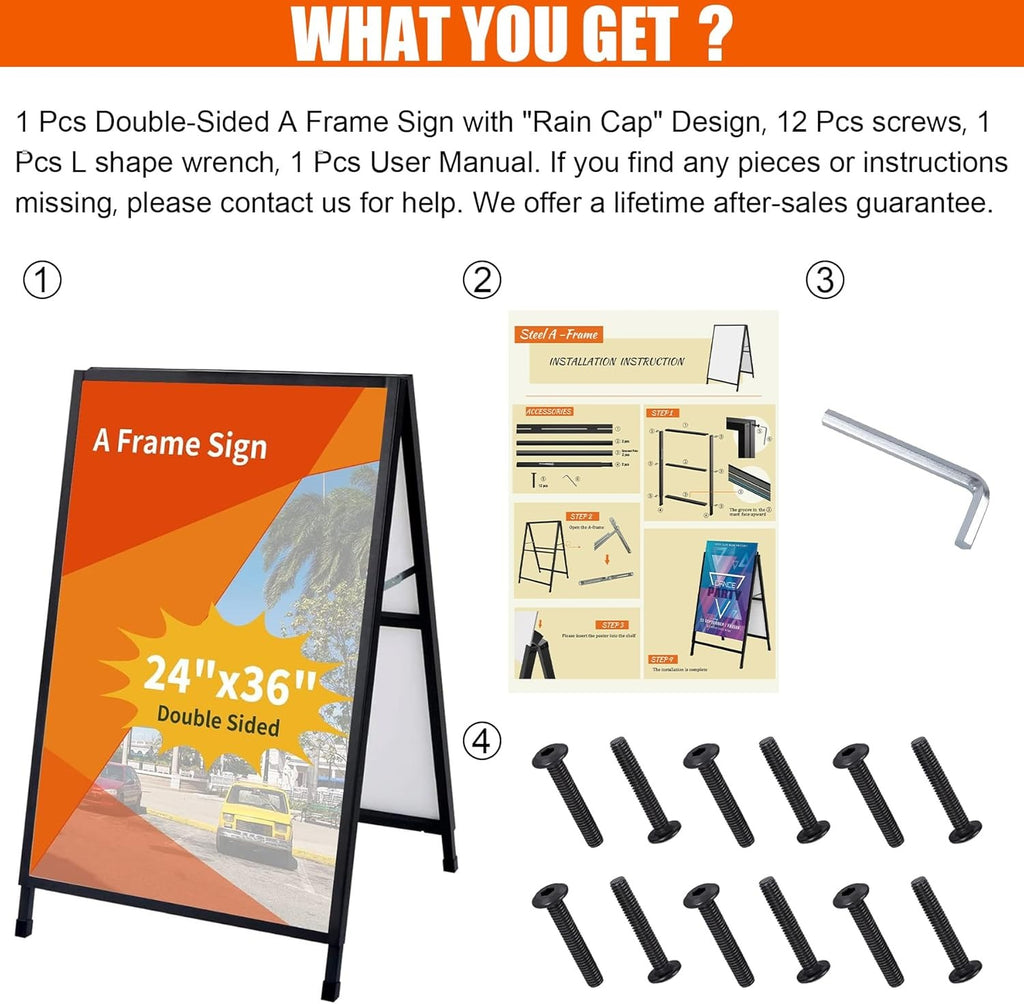 A Frame Sidewalk Sign, 24x36 Inch Heavy Duty Slide-in Signboard Holder, Double-Sided Folding Sandwich Board Signs, Steel Pavement Sign Poster for Outdoor Business Street Advertising (Frame only)