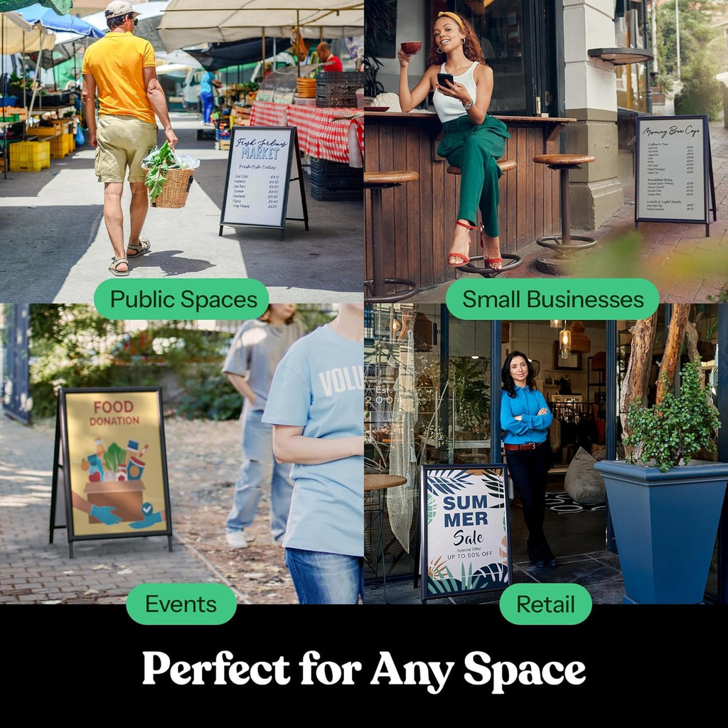 A Frame Sidewalk Sign, 24x36 Inch Heavy Duty Slide-in Signboard Holder, Double-Sided Folding Sandwich Board Signs, Steel Pavement Sign Poster for Outdoor Business Street Advertising (Frame only)