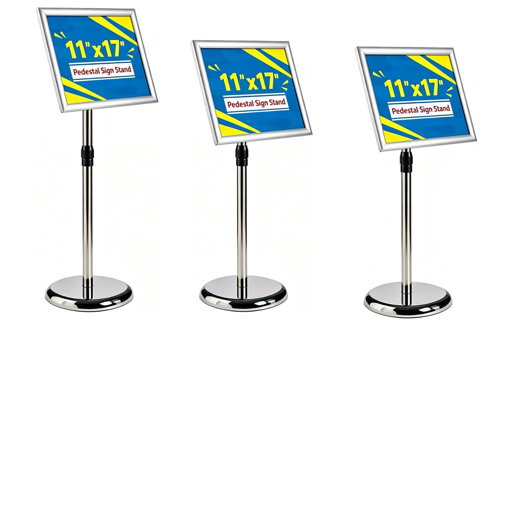 11 x 17 Inch Adjustable Sign Holder, Pedestal Poster Stand, Heavy-Duty Floor Standing Sign Holder with Round Base, Vertical and Horizontal View Sign Displayed for Display, Advertising, and Outdoor Use