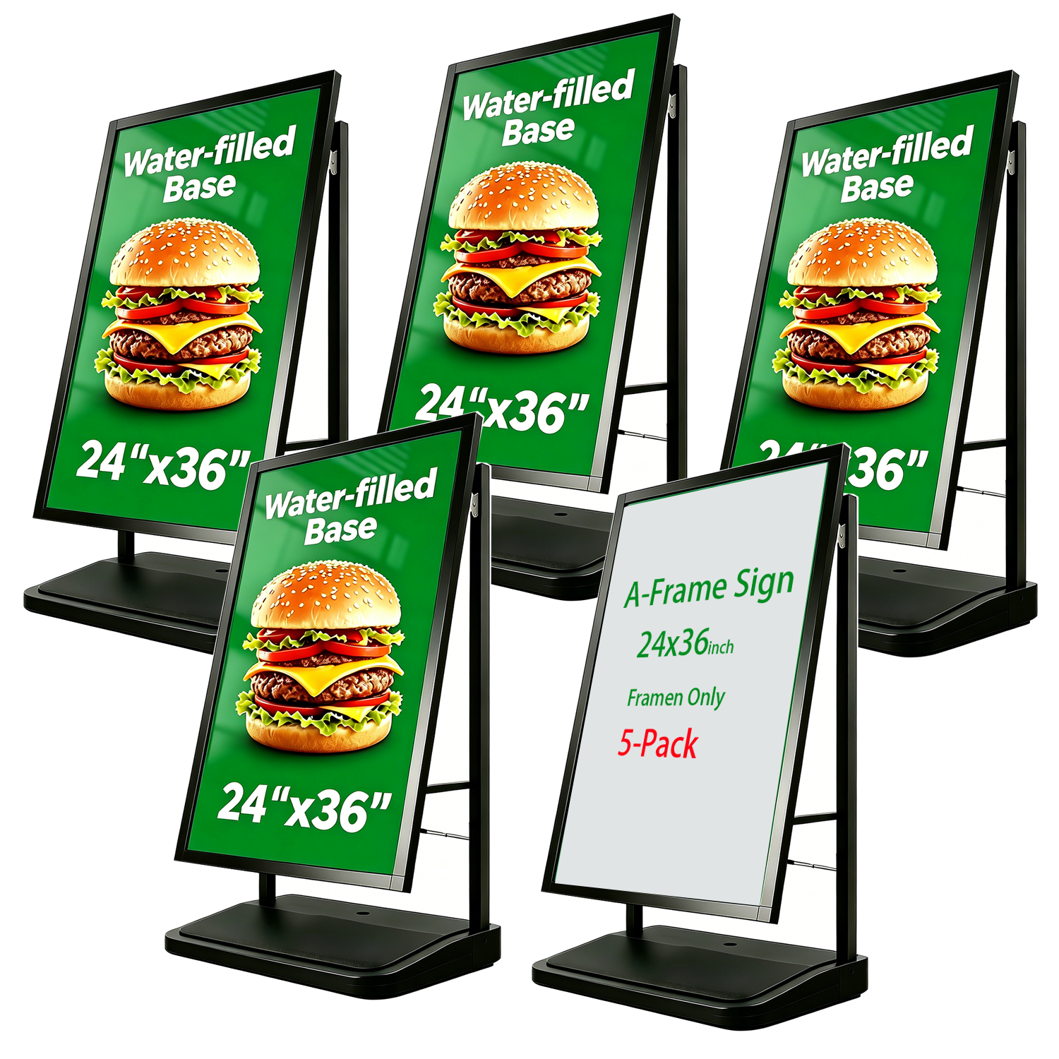 A Frame Sign Stand with water-fillable base with Rolling Wheels, 24"x36" Porster stand , Heavy Duty Sidewalk sign Holder,Portable and easy to move, Black, Frame Only