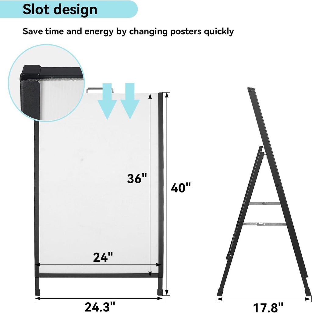 A Frame Sidewalk Sign, 24x36 Inch Heavy Duty Slide-in Signboard Holder, Double-Sided Folding Sandwich Board Signs, Steel Pavement Sign Poster for Outdoor Business Street Advertising (Frame only)