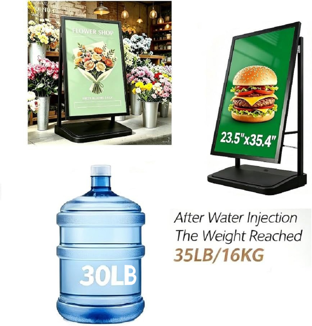 A Frame Sign Stand with water-fillable base with Rolling Wheels, 24"x36" Porster stand , Heavy Duty Sidewalk sign Holder,Portable and easy to move, Black, Frame Only