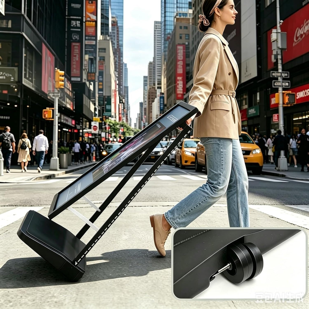 A Frame Sign Stand with water-fillable base with Rolling Wheels, 24"x36" Porster stand , Heavy Duty Sidewalk sign Holder,Portable and easy to move, Black, Frame Only