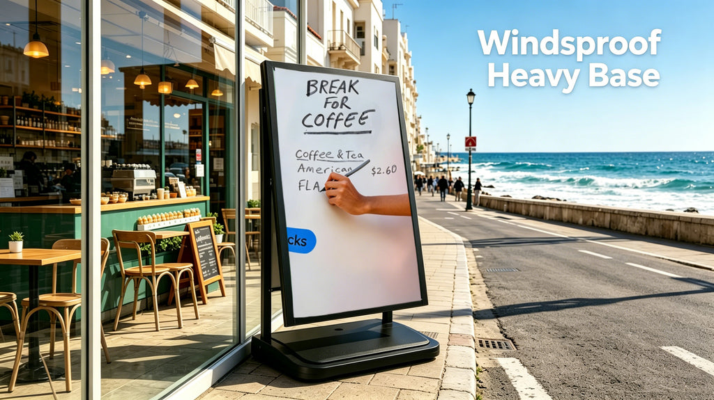 A Frame Sign Stand with water-fillable base with Rolling Wheels, 24"x36" Porster stand , Heavy Duty Sidewalk sign Holder,Portable and easy to move, Black, Frame Only