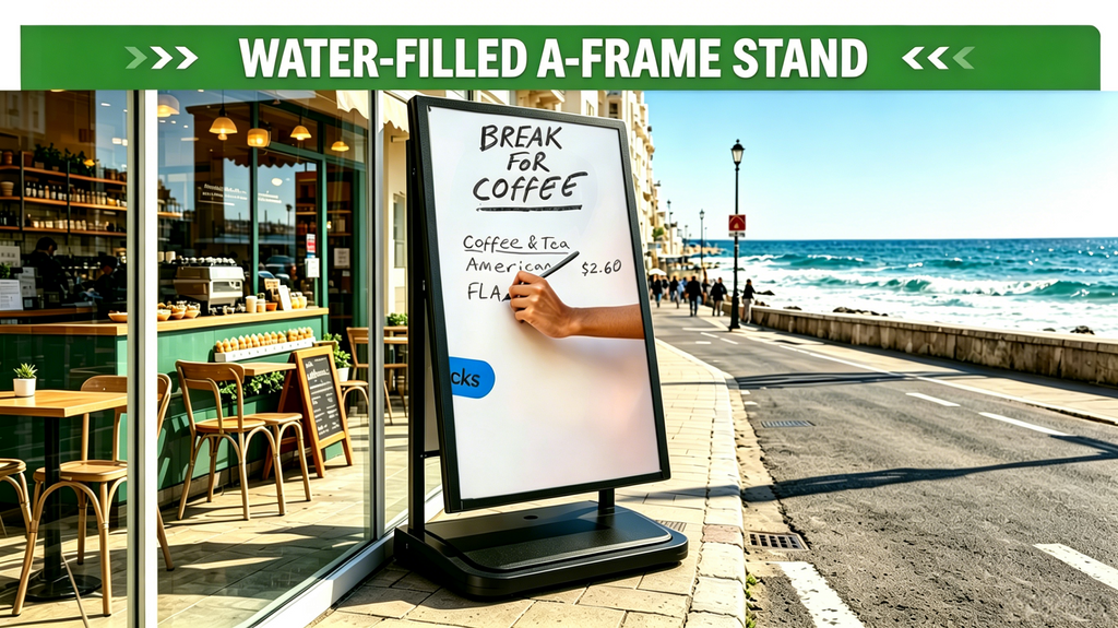 A Frame Sign Stand with water-fillable base with Rolling Wheels, 24"x36" Porster stand , Heavy Duty Sidewalk sign Holder,Portable and easy to move, Black, Frame Only