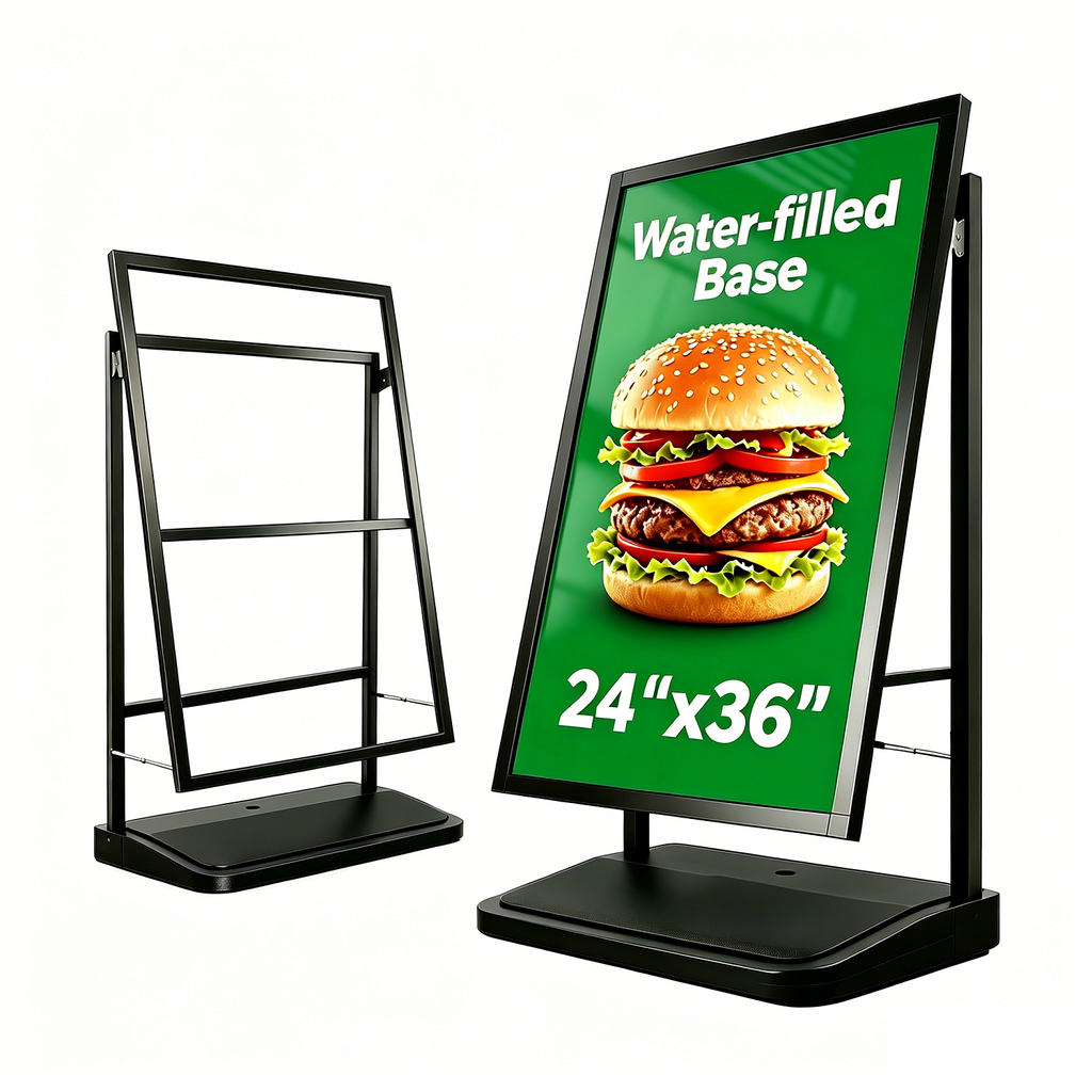 A Frame Sign Stand with water-fillable base with Rolling Wheels, 24"x36" Porster stand , Heavy Duty Sidewalk sign Holder,Portable and easy to move, Black, Frame Only