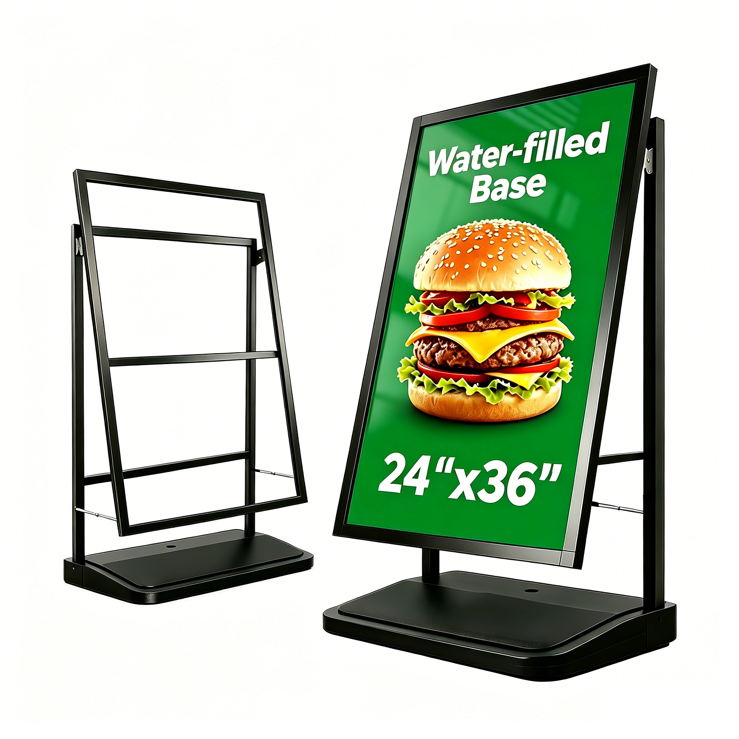 A Frame Sign Stand with water-fillable base with Rolling Wheels, 24"x36" Porster stand , Heavy Duty Sidewalk sign Holder,Portable and easy to move, Black, Frame Only